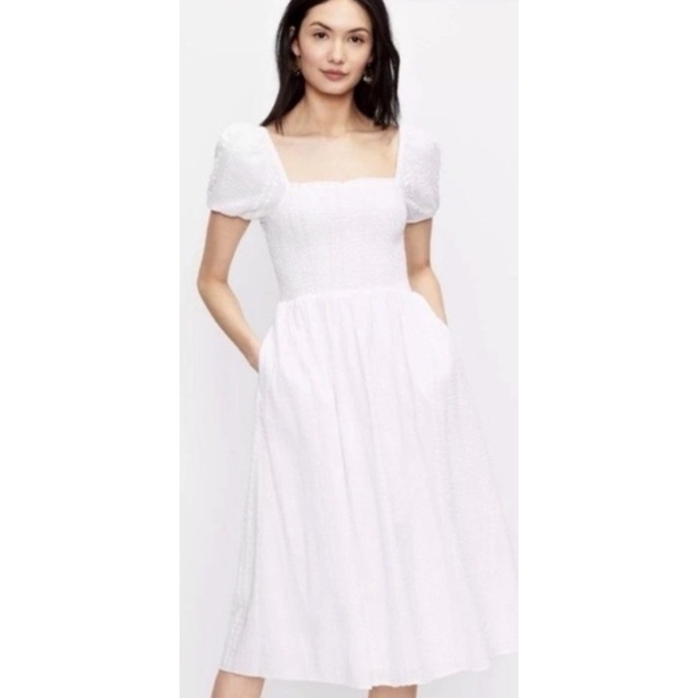 Loft Smocked Puff Sleeve Midi Dress MP White Prairie Peasant Feminine Milkmaid